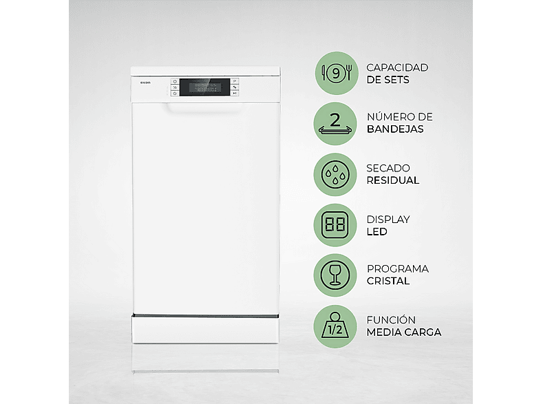 Lavavajillas libre instalación 45 cm SVAN en color blanco, 9 servicios — foto 4