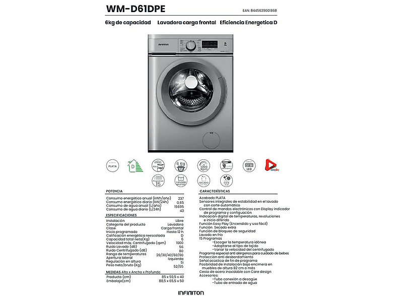 INFINITON Lavadora carga frontal en color Inox (mod. WM-D61DPE) — foto 2