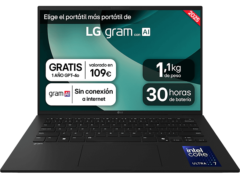 LG Portátil en color Negro — 14" WUXGA y Intel® Core™ Ultra 7-255H